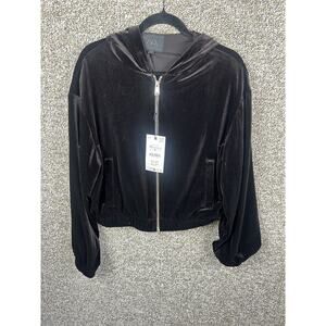 Zara Velvet Cropped Loose Brown Bomber Jacket Womens Zip Up 4745/223 Sz Med